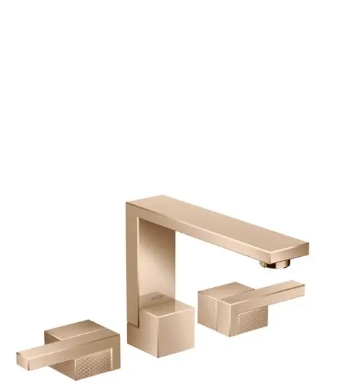 Waschtischarmatur von AXOR mit drei Komponenten. Die Armatur hat eine hohe, gerade Ausführung in Polished Red Gold und eine integrierte Push-Open Ablaufgarnitur.